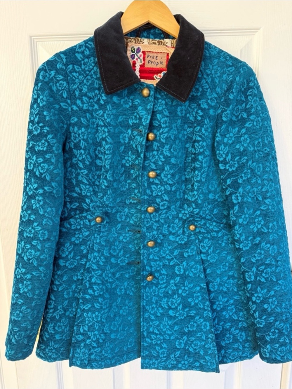 Vintage Free People Teal Floral Textured Button Coat